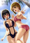  2girls absurdres ass ass_visible_through_thighs bare_arms bikini black_hair black_one-piece_swimsuit blurry blurry_background breasts brown_eyes brown_hair casual_one-piece_swimsuit cleavage day frilled_bikini frills girls_und_panzer highres kawashima_momo large_breasts looking_to_the_side multiple_girls nishizumi_miho one-piece_swimsuit outdoors palm_tree pink_bikini short_hair standing summer swimsuit tanaka_shoutarou thigh_gap tree 