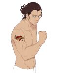  1boy brown_hair clenched_hand commentary_request eren_yeager flexing green_eyes hair_bun hanpetos heart heart_tattoo male_focus muscular muscular_male shingeki_no_kyojin shoulder_tattoo single_hair_bun sketch solo tattoo topless_male 