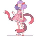  1girl blunt_bangs bow character_request closed_mouth copyright_request double_bun frilled_skirt frills full_body hair_bow hair_bun multicolored_hair pink_hair pokemon pokemon_(creature) purple_eyes purple_hair red_bow shimazaki1152 short_sleeves simple_background skirt skirt_set standing white_background wiglett wugtrio 