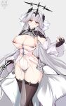  1girl absurdres azur_lane black_bra black_gloves black_thighhighs black_tiara blush bra breasts closed_mouth dress fingerless_gloves gloves grey_background grey_hair highres holding holding_sword holding_weapon lactation large_breasts long_hair looking_at_viewer marseillaise_(azur_lane) navel nipples oshiokitime pelvic_curtain red_eyes revealing_clothes simple_background solo sword thighhighs underwear vichya_dominion_(emblem) weapon white_dress white_hair wide_hips 