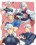  armor arrow_(projectile) arrow_in_body bara black_bodysuit black_hair blood blue_eyes blue_shirt blush bodysuit bowl collarbone crying crying_with_eyes_open dated fate/grand_order fate_(series) fujimaru_ritsuka_(male) grabbing grin hair_between_eyes hand_on_own_chest heart heart_arrow highres hug large_pectorals male_focus multiple_boys muscular muscular_male open_mouth pectoral_grab pectoral_press pectorals percival_(fate) pink_background pink_blood rice_bowl shirt short_hair smile speech_bubble tears thinking torn_bodysuit torn_clothes twitter_username white_hair yaekaidou 