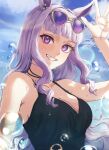  1girl absurdres animal_ears black_one-piece_swimsuit blue_sky breasts bubble cleavage cloud cloudy_sky commentary_request ear_ornament gold_ship_(run_revolt_launcher)_(umamusume) gold_ship_(umamusume) grey_hair grin hair_ornament highres horse_ears horse_girl long_hair looking_at_viewer manunnu medium_breasts official_alternate_costume official_alternate_hairstyle one-piece_swimsuit outdoors purple_eyes sky smile solo swimsuit umamusume upper_body w 