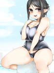  1girl :d black_eyes black_hair black_panties blue_sky breasts cleavage cloud commentary_request curvy hand_in_panties haseru_(ginku_mh) highres huge_breasts looking_at_viewer open_mouth original outdoors panties pointy_ears sitting sky smile solo underwear 