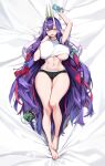  1girl absurdres barefoot bed_sheet blush breasts covered_nipples dakimakura_(medium) echidna_(last_origin) feet full_body hair_ornament hair_ribbon highres huge_breasts last_origin legs long_hair looking_at_viewer lying multicolored_hair on_back open_mouth pinkmill purple_hair ribbon shiny_skin shirt slit_pupils smile solo t-shirt thick_thighs thighs toenails toes very_long_hair yellow_eyes 