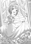  1girl :d bare_shoulders blush bow dress elbow_gloves frilled_dress frills from_behind gloves greyscale hair_flaps highres idolmaster idolmaster_cinderella_girls indoors koshimizu_sachiko looking_at_viewer looking_back monochrome railing skirt_hold smile solo stairs strapless strapless_dress tiara yukie_(kusaka_shi) 