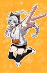  1girl absurdres animal_ear_headphones animal_ears black_shorts black_thighhighs blue_eyes braid cat_ear_headphones double_v fake_animal_ears headphones highres honkai_(series) honkai_impact_3rd hood hoodie jumping kiana_kaslana kiana_kaslana_(white_comet) long_hair long_sleeves looking_at_viewer naiawakashi open_mouth orange_background shorts slippers solo thighhighs twin_braids twitter_username v white_footwear white_hair white_hoodie 