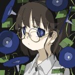  1girl :/ black_background black_hairband blue_eyes blue_flower blush bright_pupils brown_hair buttons closed_mouth collared_shirt empty_eyes flower glasses hair_behind_ear hairband highres looking_at_viewer original plant portrait raised_eyebrows ringed_eyes round_eyewear shirt short_hair simple_background solo tareme tsukumizu_yuu vines white_pupils white_shirt 