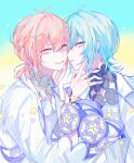  2boys blue_hair braid brothers expressionless fragaria_memories highres jacket klarkstella_(fragaria_memories) looking_at_viewer louterstella_(fragaria_memories) low_ponytail male_focus multicolored_hair multiple_boys pink_hair purple_jacket shirt short_hair short_ponytail siblings smile star_(symbol) teeth twins twitter_username white_shirt wu_u 