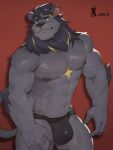  5_fingers abs areola bulge clothing detailed_bulge ear_piercing fingers hi_res jockstrap male mane munax_od muscular muscular_male nipples piercing simple_background smile smirk solo tail underwear yellow_eyes 