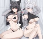  2girls 72_chiri animal_ear_fluff animal_ears arm_up artist_request bare_legs bare_shoulders bikini black_bikini black_hair black_shirt breasts cat_ears cat_girl cat_tail check_artist crop_top cropped_jacket drawstring extra_ears frown grey_jacket hands_up heart highres jacket large_breasts long_hair long_sleeves looking_at_viewer multiple_girls navel no_pants off_shoulder open_clothes open_jacket original parted_lips purple_eyes red_eyes shirt shrug_(clothing) side-tie_bikini_bottom sitting skindentation sleeveless sleeveless_shirt stomach strap_gap string_bikini swimsuit tail tail_raised thighs underboob white_hair 