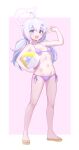  1girl absurdres ahoge ball bare_arms bare_legs bare_shoulders beachball bikini blue_archive blush breasts bsm_(nerdmin) commentary feet full_body hair_ornament halo highres holding holding_ball holding_beachball korean_commentary legs long_hair looking_at_viewer multicolored_hair navel open_mouth pink_hair pink_halo purple_bikini purple_eyes purple_hair reisa_(blue_archive) sandals side-tie_bikini_bottom small_breasts smile solo star_(symbol) star_hair_ornament swimsuit toenails toes twintails v 