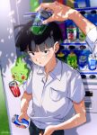  1boy belt black_eyes black_hair blush bowl_cut breast_pocket can coca-cola collared_shirt drinking_straw ekubo_(mob_psycho_100) highres holding holding_can kageyama_shigeo male_focus minute_maid mob_psycho_100 open_mouth pocket pop_tab reigen_arataka shirt short_sleeves soda_can solo_focus sprite summer sweat twitter_username vending_machine white_shirt zikko_100 