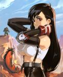  1girl blue_sky breasts day elbow_pads fingerless_gloves gloves highres large_breasts long_hair looking_at_viewer low-tied_long_hair optionaltypo outdoors red_eyes red_gloves sky smile solo_focus suspenders tifa_lockhart underboob 