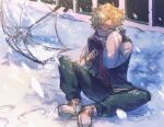  1boy blonde_hair blue_jacket blue_pants closed_eyes crying frown full_body hanagaki_takemichi hands_up highres jacket knee_up male_focus multicolored_clothes multicolored_jacket open_mouth outdoors pants shoes short_hair sitting sleeves_past_wrists snow solo sonyo738 tears tokyo_revengers two-tone_jacket umbrella white_footwear white_jacket wiping_tears 