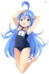 1girl :3 ahoge barefoot blue_hair blue_one-piece_swimsuit covered_navel flat_chest full_body green_eyes highres inakami izumi_konata long_hair looking_at_viewer lucky_star name_tag old_school_swimsuit one-piece_swimsuit school_swimsuit signature simple_background smile solo swimsuit white_background 