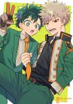  2boys alternate_hair_color bakugou_katsuki belt belt_buckle black_belt black_shirt blonde_hair boku_no_hero_academia bright_pupils buckle buttons collared_shirt colored_eyelashes dress_shirt freckles gloves green_background green_hair green_jacket green_pants green_suit grey_shirt hand_in_pocket hand_up high_collar highres jacket lapels leaning_forward leg_up long_sleeves looking_at_viewer looking_to_the_side male_focus midoriya_izuku multicolored_hair multiple_boys necktie necktie_grab neckwear_grab notched_lapels official_alternate_costume open_collar open_mouth orange_necktie outside_border pants pixiv_id pixiv_logo pose_request purple_hair red_eyes shirt short_eyebrows short_hair side-by-side sideways_glance slit_pupils spiked_hair streaked_hair suit twitter_logo twitter_username ume_(326310) v v-shaped_eyebrows white_pupils wing_collar 