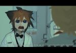  2boys black_bow black_bowtie blue_eyes bow bowtie brown_hair commentary cosplay door english_text frown future_man_(series) haley_joel_osment highres josh_futturman josh_futturman_(cosplay) kingdom_hearts lab_coat letterboxed male_focus multiple_boys open_mouth paobebebe parody roxas sora_(kingdom_hearts) stu_camillo stu_camillo_(cosplay) subtitled traditional_bowtie voice_actor_connection 