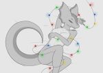  anthro bed bedroom_eyes breasts christmas_lights convenient_censorship creature71 female furniture greyscale hi_res lying milanna_(creature71) monochrome narrowed_eyes on_back reptile scalie seductive solo 
