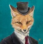  absurd_res accessory anthro black_nose canid canine clothing dipstick_ears formal formal_wear fox fur hat headgear headshot_portrait headwear hi_res icon kaho_nishikawa male mammal multicolored_ears necktie painting_(artwork) portrait realistic_fur red_fox simple_background solo suit_jacket teal_background top_hat traditional_media_(artwork) whiskers white_body white_fur yellow_eyes 