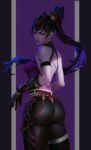  1girl absurdres ass backless_outfit belt colored_skin earrings ericga from_behind gloves hair_pulled_back head-mounted_display highres jewelry leather leather_pants lipstick long_hair looking_at_viewer makeup overwatch pants purple_hair purple_lips purple_skin simple_background stud_earrings widowmaker_(overwatch) yellow_eyes 