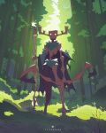  1other antlers artist_name bow_(weapon) cape commentary english_commentary flipherrrr forest full_body glowing glowing_eyes grass green_cape highres holding holding_bow_(weapon) holding_staff holding_weapon monster nature original other_focus solo staff torn_cape torn_clothes weapon 