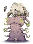  1girl ahoge breasts censored clinger_(terraria) clitoral_hood colored_nipples drooling grabbing_own_breast green_eyes green_nipples hair_over_one_eye heart heart_censor lactation large_breasts mandibles navel nyong_nyong personification pussy_juice reference_inset sharp_teeth short_hair simple_background teeth tentacles terraria tongue tongue_out white_background white_hair worm_girl 