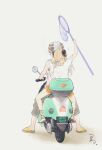  2girls arknights brown_pants butterfly_net cigarette dragon_horns driving from_behind hand_net highres holding holding_butterfly_net horns ifrit_(arknights) license_plate moped motor_vehicle multiple_girls orange_shorts pants sandals saria_(arknights) shirt short_twintails shorts smoking t-shirt twintails white_hair zhou-qianyu 