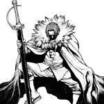  1boy boichi cape full_body fur-trimmed_cape fur_trim holding holding_sword holding_weapon looking_down male_focus monochrome one_piece red_hair sandals shadow shanks_(one_piece) short_hair sitting sleeves_rolled_up solo sword weapon white_background 