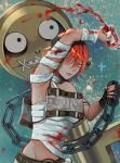  a.b.a absurdres bandages blood blood_on_clothes blue_eyes chain guilty_gear guilty_gear_xx highres homunculus key key_in_head looking_at_viewer object_through_head orange_hair paracelsus short_hair stitched_mouth stitches 