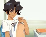  1girl black_eyes black_hair blue_eyeshadow breasts commentary dark-skinned_female dark_skin english_commentary eyeshadow flashing golden_boy hayami_ayuko highres looking_at_viewer makeup medium_breasts nipples optionaltypo retro_artstyle shirt short_hair solo t-shirt 