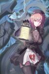  1boy 1girl absurdres black_coat black_dress black_gloves black_sclera black_thighhighs blue_hair breasts cigarette cleavage coat colored_sclera dated dress fate/grand_order fate_(series) florence_nightingale_(fate) florence_nightingale_(manor_of_repose)_(fate) ghost gloves grey_(kuro_hakubutsukan) hat highres iron_samurai kuro_hakubutsukan_ghost_and_lady lantern large_breasts long_hair nurse_cap pink_hair red_eyes signature smoking thighhighs 