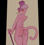  absurd_res anthro butt clothing crossgender delki felid female fur hat headgear headwear hi_res mammal nude pantherine pink_body pink_fur pink_panther rear_view solo tail whiskers yellow_eyes yellow_sclera 