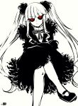  1girl bio_(bioshitto) black_dress black_sclera closed_mouth colored_sclera crossed_arms crossed_legs dress funamusea hersilia_(funamusea) highres long_hair looking_at_viewer monochrome red_eyes shirt solo twintails unhappy white_shirt 