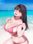  1girl :d bare_arms bare_shoulders beach belly bikini blue_sky blurry blurry_background blush breasts brown_eyes brown_hair cleavage cowboy_shot day from_side half-closed_eyes hands_up head_tilt highres holding_strap huge_breasts lens_flare lilim lips long_hair looking_at_viewer looking_to_the_side naughty_face navel ocean open_mouth original outdoors pink_bikini plump skindentation sky smile solo straight_hair strap_pull string_bikini swept_bangs swimsuit teeth tongue underboob untied_bikini upper_teeth_only 