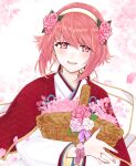  1girl basket capelet cherry_blossoms fire_emblem fire_emblem_fates fire_emblem_heroes flower flower_bracelet hair_ornament hairband highres holding holding_basket japanese_clothes kimono long_sleeves looking_at_viewer misato_hao official_alternate_costume open_mouth petals pink_eyes pink_hair red_capelet sakura_(valentine)_(fire_emblem) short_hair smile solo white_hairband white_kimono wide_sleeves 