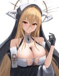  1girl absurdres azur_lane bangs bare_shoulders between_breasts black_dress black_gloves blonde_hair breasts brown_eyes crossed_bangs dress gloves hair_between_eyes halo highres horns implacable_(azur_lane) large_breasts long_hair looking_at_viewer nun rk_(cc15915r) solo two-tone_dress upper_body very_long_hair white_dress 