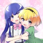  2girls black_hairband black_skirt blonde_hair blunt_bangs blush bow collared_shirt dress fang furude_rika green_dress hair_between_eyes hairband hazumi_otoya highres higurashi_no_naku_koro_ni hime_cut houjou_satoko hug long_hair multiple_girls one_eye_closed open_mouth pink_bow purple_eyes purple_hair sailor_collar sailor_dress shirt short_hair sidelocks skin_fang skirt suspender_skirt suspenders upper_body white_sailor_collar white_shirt 