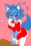  anthro blue_body blue_hair canid canine clothed clothing digital_media_(artwork) fokkuzu fokkuzu_(streamer) fox foxy_(vtuber) fur girly hair looking_at_viewer maid_uniform male mammal pngtuber red_eyes simple_background smile solo uniform vtuber 