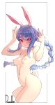  1girl animal_ear_fluff animal_ears blue_hair braid breasts highres hololive long_hair looking_at_viewer multicolored_hair nipples nude rabbit_ears rabbit_girl rabbit_tail rat_huang red_eyes simple_background solo tail thick_eyebrows twin_braids two-tone_hair usada_pekora virtual_youtuber white_background white_hair 