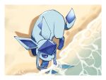  animal_focus beach blue_hair blue_sclera border colored_sclera from_above full_body glaceon highres no_humans ocean pokemon pokemon_(creature) shiznar signature water white_border white_eyes 