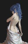  1girl ass back bare_shoulders bed_sheet black_background blue_eyes blue_hair breasts butt_crack high_ponytail highres hololive hoshimachi_suisei long_hair naked_sheet phos_(s_phos) ponytail small_breasts solo virtual_youtuber wavy_hair 