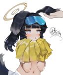  1girl 1other absurdres animal_ears arona&#039;s_sensei_doodle_(blue_archive) black_hair blue_archive blush chestnut_mouth commentary_request dog_ears dog_girl dog_tail dokomon goggles goggles_on_head grey_eyes halo hands_up hibiki_(blue_archive) hibiki_(cheerleader)_(blue_archive) highres holding holding_ear korean_commentary long_hair navel parted_lips pleated_skirt pom_pom_(cheerleading) ponytail sensei_(blue_archive) simple_background skirt tail under_covers white_background white_skirt 
