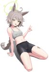  1girl :d absurdres ahoge animal_ear_fluff animal_ears bandaid bandaid_on_leg bare_arms bare_shoulders barefoot bike_shorts black_shorts blue_archive blush braid breasts collarbone fox_shadow_puppet full_body grey_hair highres kneeling long_hair looking_at_viewer navel open_mouth otogi_(blue_archive) shorts simple_background single_braid sitting small_breasts smile solo sports_bra stomach very_long_hair white_background whoning1 