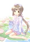  1girl barefoot blush bow flower full_body grey_eyes grey_hair hair_bow idolmaster idolmaster_cinderella_girls japanese_clothes kawaseki kimono lily_pad long_hair looking_at_viewer low_ponytail open_mouth pink_flower robe shiroshouzoku sitting sketch smile solo very_long_hair wariza water_lily_flower white_bow white_robe yorita_yoshino 