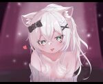  1girl :p animal_ear_fluff animal_ears bare_shoulders breasts cat_ears cat_girl grey_hair highres long_hair looking_at_viewer no_bra off_shoulder ponytail poteto_(potetovr) small_breasts tongue tongue_out vrchat white_hair 