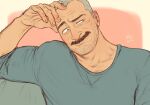  1boy aaron_gruber_(o_natsuo88) arm_hair bara beard_stubble blue_sweater chest_hair_peek facial_hair grey_hair hand_on_own_head looking_at_another male_focus mature_male mustache o_natsuo88 old old_man original receding_hairline scar scar_on_cheek scar_on_face shirt short_hair simple_background smile solo sweater thick_eyebrows thick_mustache upper_body wrinkled_skin 