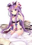  1girl animal_ears bikini black_bikini blue_bow book bow breasts cat_ears cleavage closed_mouth commentary crescent crescent_hair_ornament full_body hair_bow hair_ornament hat highres holding holding_book long_hair looking_at_viewer medium_hair mob_cap patchouli_knowledge purple_eyes purple_hair red_bow ruhika simple_background solo swimsuit thighhighs touhou white_background white_headwear white_thighhighs 