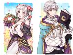  1boy 1girl ascot black_gloves black_pants blue_cape blush book brown_eyes cape collarbone commentary_request fire_emblem fire_emblem_awakening fire_emblem_heroes flower gloves gold_trim hair_between_eyes hair_flower hair_ornament head_wreath highres holding holding_book long_hair long_sleeves looking_at_viewer misato_hao off_shoulder official_alternate_costume pants petals pink_flower robin_(female)_(fire_emblem) robin_(female)_(valentine)_(fire_emblem) robin_(fire_emblem) robin_(male)_(exalt&#039;s_deliverer)_(fire_emblem) robin_(male)_(fire_emblem) short_hair smile swept_bangs twintails white_ascot white_pants 