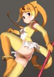  1girl absurdres animal_ears ass boots brown_eyes cameltoe circlet commentary elbow_gloves extra_ears gloves golden_snub-nosed_monkey_(kemono_friends) gradient_hair high_ponytail highres kemono_friends leotard light_blush long_hair looking_at_viewer masuyama_ryou monkey_ears multicolored_hair orange_footwear orange_gloves orange_hair serious solo staff thigh_boots v-shaped_eyebrows white_hair 