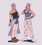  1boy 23011620x abs broken_heart earrings flattop full_body grey_hair hand_on_own_hip heart heart_print highres jean_pierre_polnareff jewelry jojo_no_kimyou_na_bouken midriff multiple_views one_eye_closed pants sleeveless standing stardust_crusaders tall_hair triangle_print 